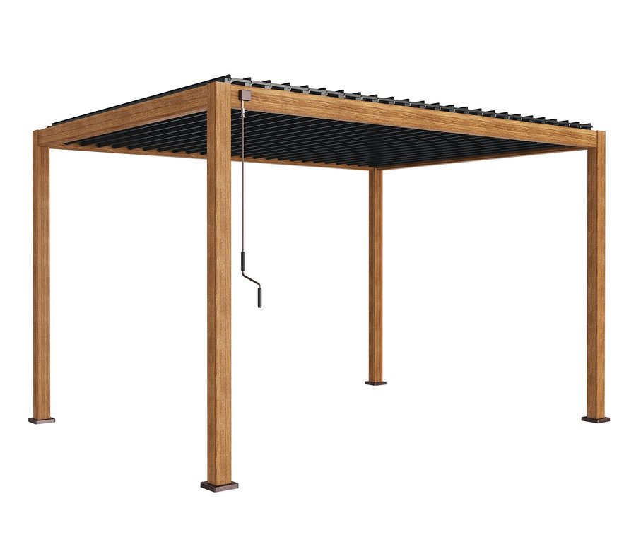 Illustration einer Leco Premium Pergola, 3 x 4 m, inklusive 2 Seitenwänden, Holzdekor.