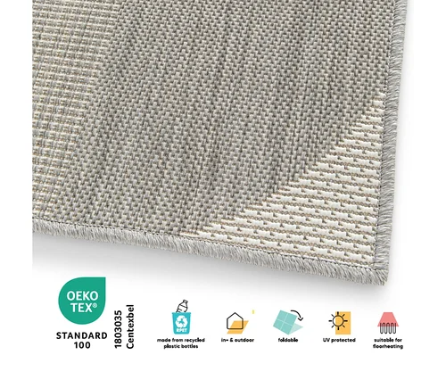 Detailansicht eines grauen, faltbaren Outdoor-Teppichs im geometrischen Design.