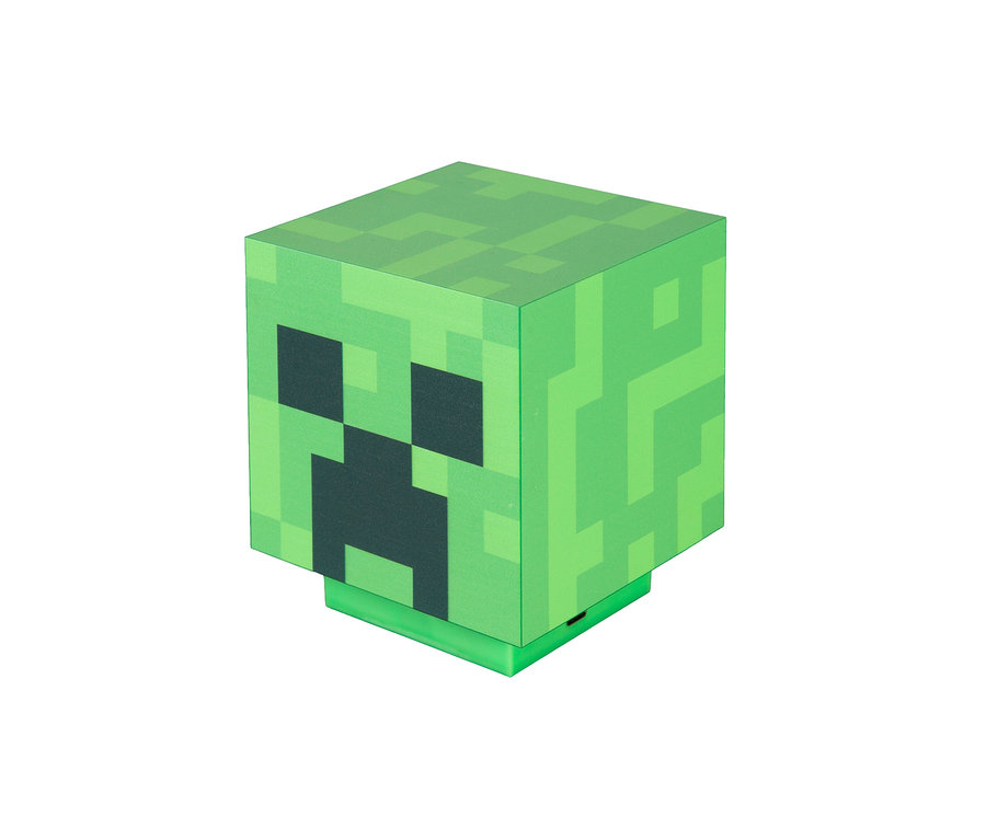 Eine grüne MINECRAFT LED Dekoleuchte, Creeper, auf einem weißen Hintergrund.