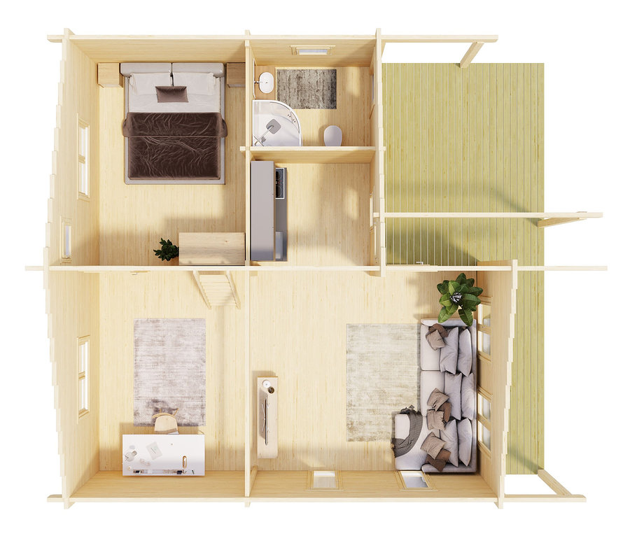 Draufsicht eines zweistöckigen Weka Wochenendhauses mit 66 m2 Wohnfläche und 70 mm Wandstärke.