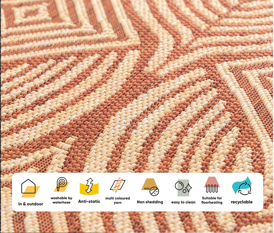 Nahaufnahme eines Teppichs »Eldorado« in Desert Bloom mit geometrischem Muster.
