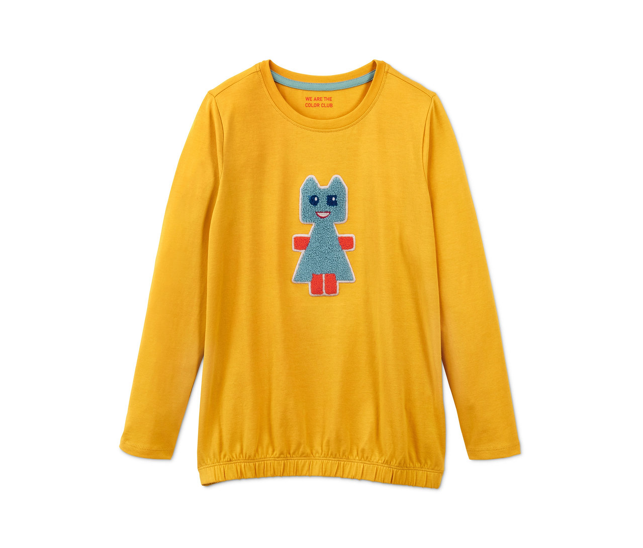 Gelbes Langarmshirt mit blauer und roter Cartoonfigur.