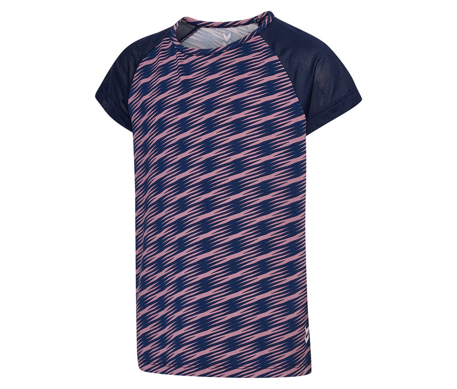 Dunkelblaues HUMMEL HMLJR Mix T-Shirt S/S mit rosa Streifen.