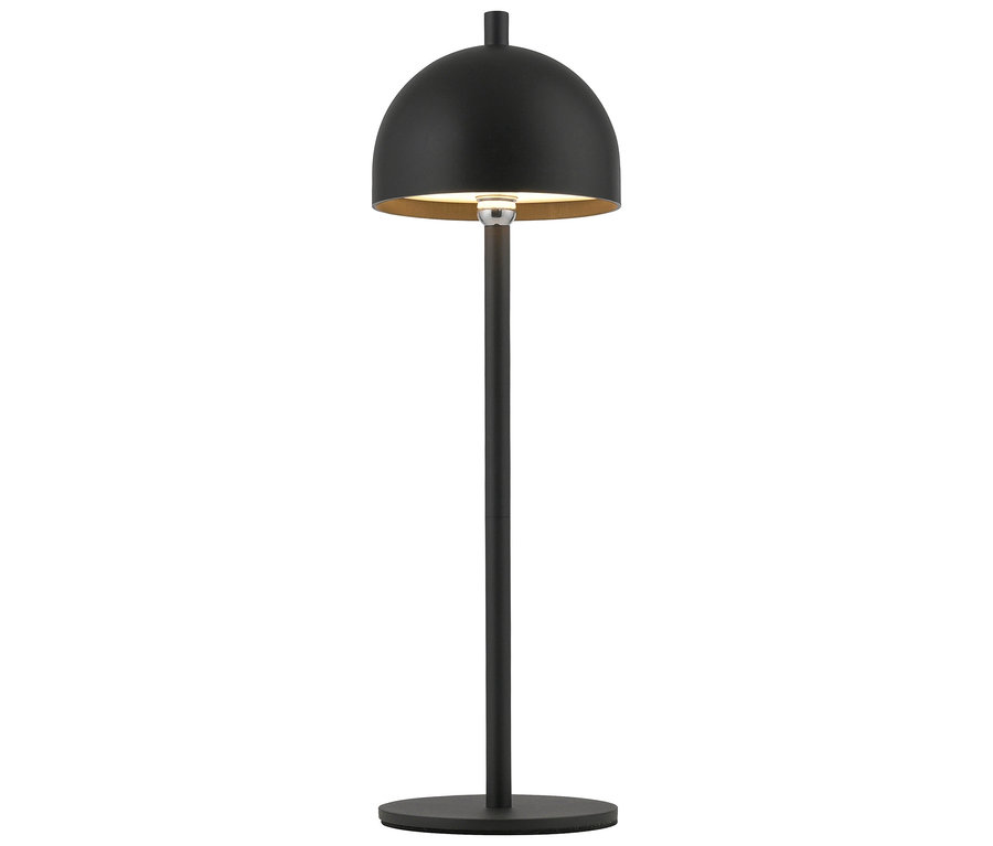 Eine schwarze Tischleuchte mit rundem Schirm auf weißem Hintergrund.