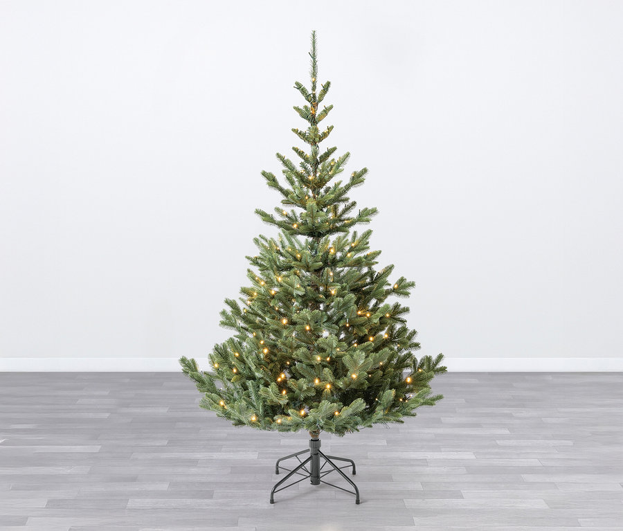 Ein 180 cm hoher, künstlicher Weihnachtsbaum »Nobilis M+« mit LED-Lichterkette steht auf einem grauen Holzboden vor einer weißen Wand.