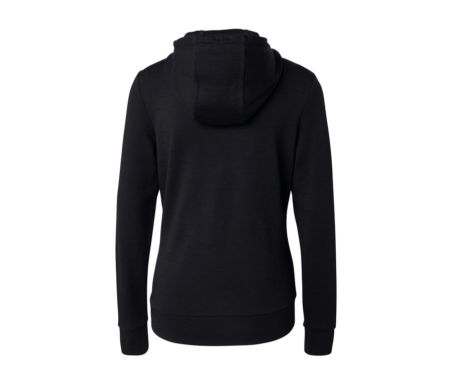 Rückansicht einer schwarzen Kapuzenjacke mit RWS-zertifizierter Wolle.