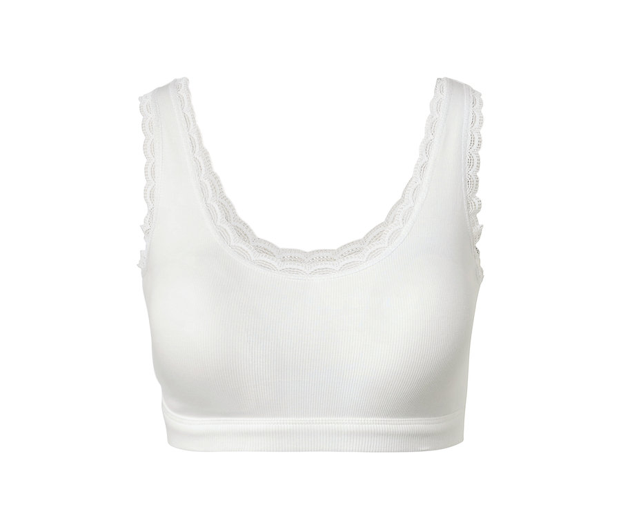 Weißes Bustier aus Rippe mit Spitzenbesatz.