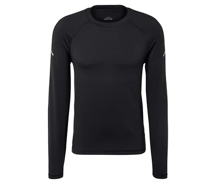 Schwarzes Langarmshirt auf weißem Hintergrund.