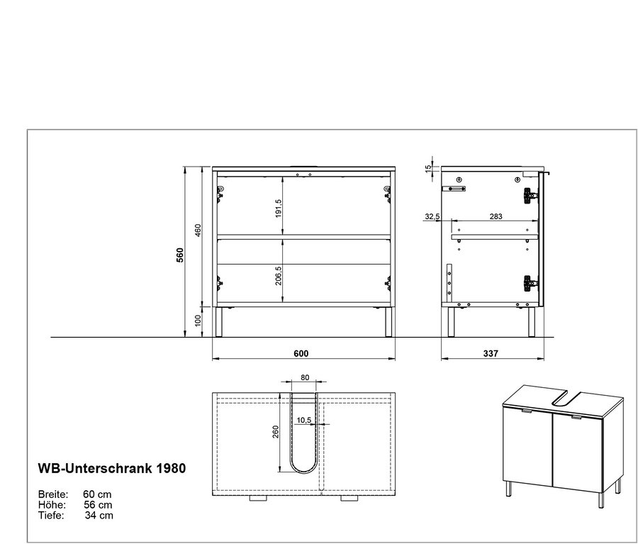 Technische Zeichnung des WB-Unterschranks 1980, Breite 60 cm, Höhe 56 cm, Tiefe 34 cm.