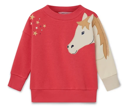 Rotes Sweatshirt mit Pferdegesicht-Applikation und Sternen.
