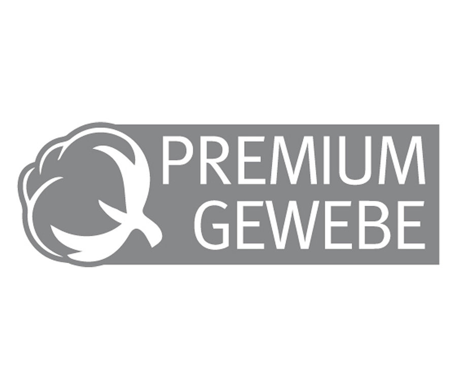 Graues Logo mit Baumwollwatte und dem Schriftzug Premium Gewebe.
