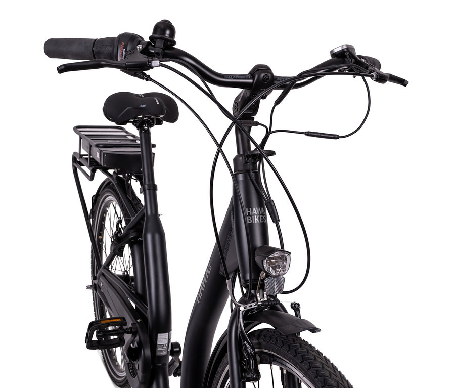 Detailaufnahme eines schwarzen HAWK E-City Comfort Fahrrads.