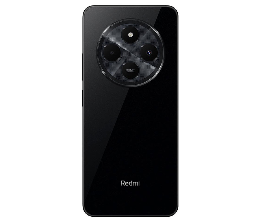 Detailansicht der Rückseite eines schwarzen Xiaomi Redmi 14C.
