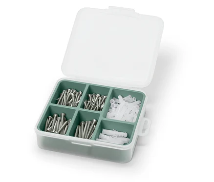 Offenes Schrauben-und-Dübel-Set in einem weiß-grünen Gehäuse.