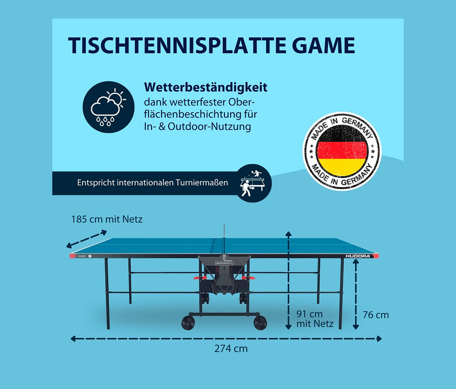 Abbildung der HUDORA Tischtennisplatte »Game« mit Abmessungen und Eigenschaften.