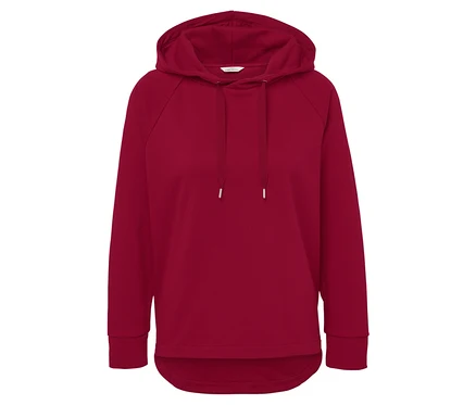 Roter Lounge-Sweater mit Kapuze und Kordelzug.