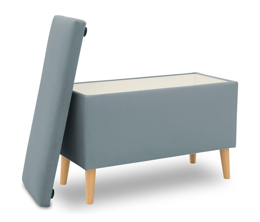 DOMO Hocker mit Staufach, lichtblau, der Deckel ist geöffnet.