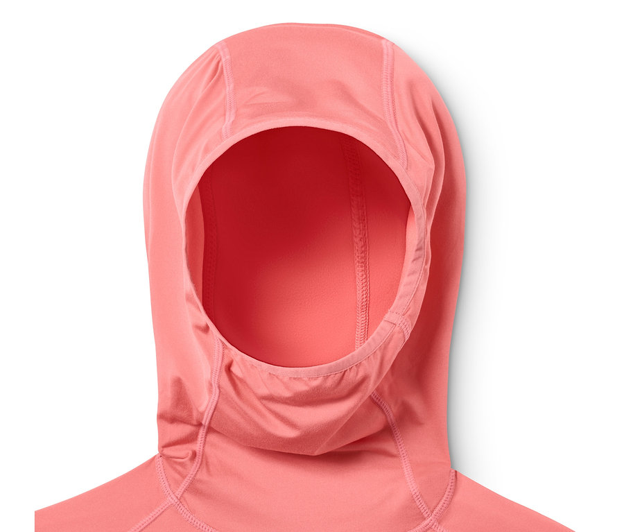 Detailansicht Kapuzen-Funktionsshirt in Pfirsichfarbe.