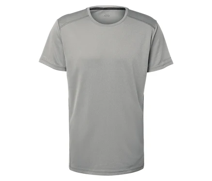 Graues Kurzarm-T-Shirt auf weißem Hintergrund.