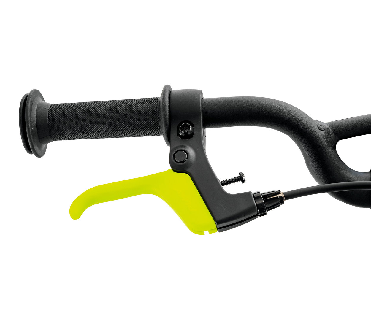 Nahaufnahme des Lenkers und des gelbgrünen Bremshebels des PUKY LS-PRO 16 Fahrrads.