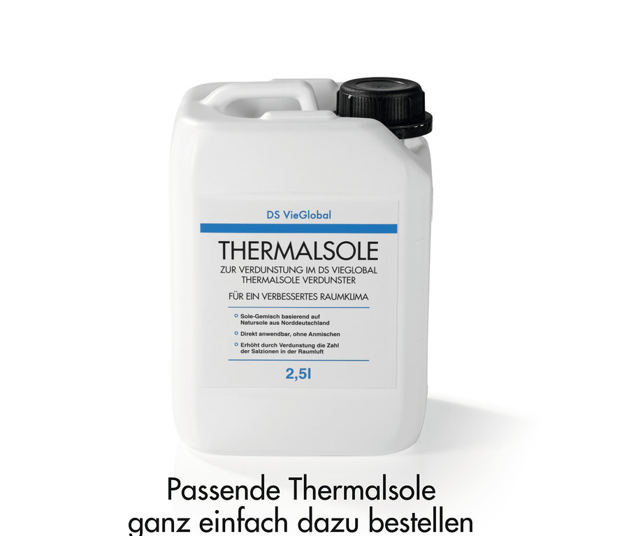 Weißer Kanister mit der Aufschrift DS VieGlobal Thermalsole, ca. 5 l.