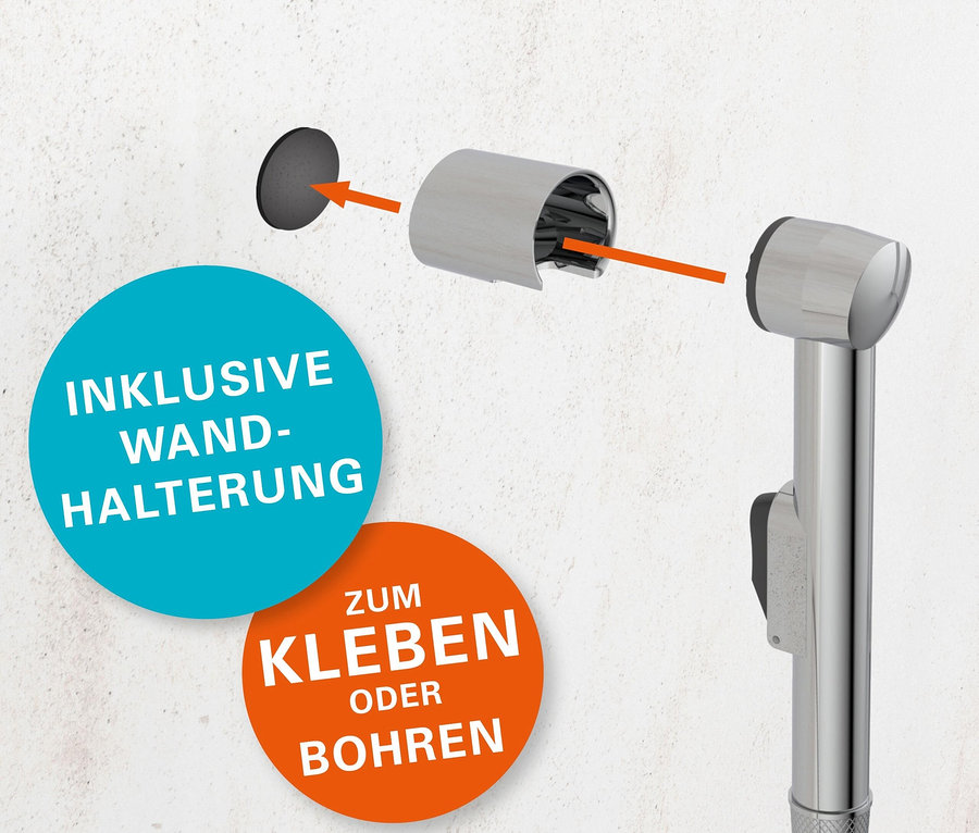 Abbildung einer Bidet-Dusche, die mit einer Wandhalterung an einer Wand montiert wird. Inklusive Klebematerial.