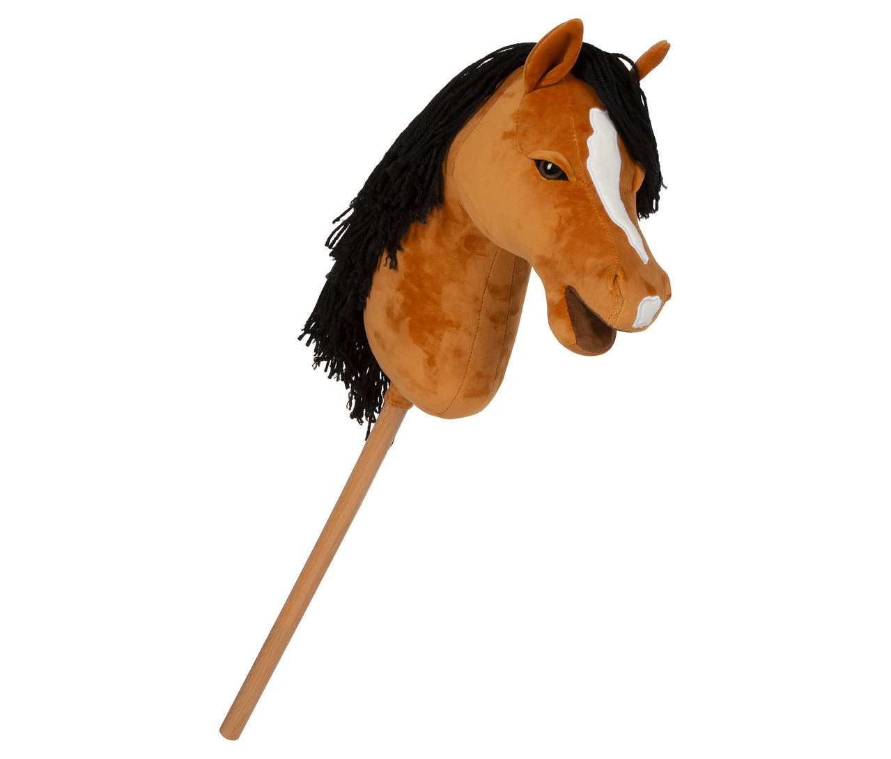 Nahaufnahme eines small foot Hobby-Horse »Melodie« mit braunem Kopf, schwarzer Mähne und Holzstab.