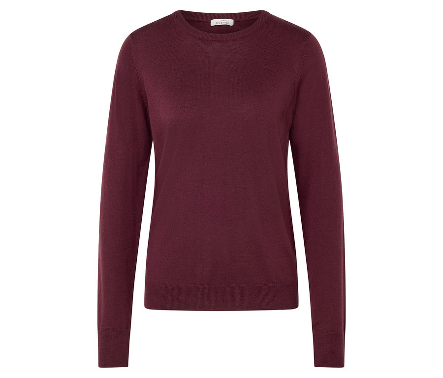 Dunkelroter Merino-Feinstrickpullover.