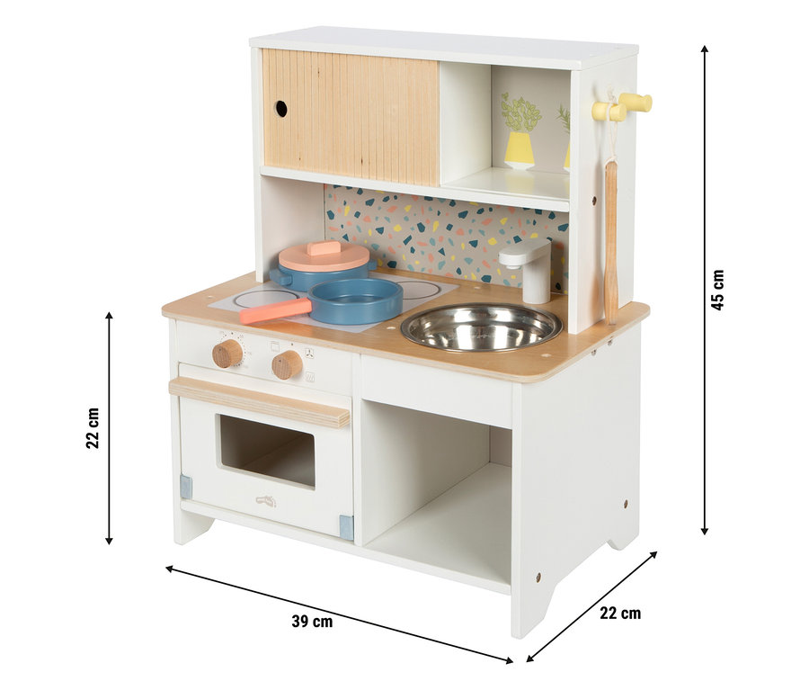 small foot Kinderküche »Terrazzo« aus Holz in Weiß mit Spüle, Herdplatten und Ofen.