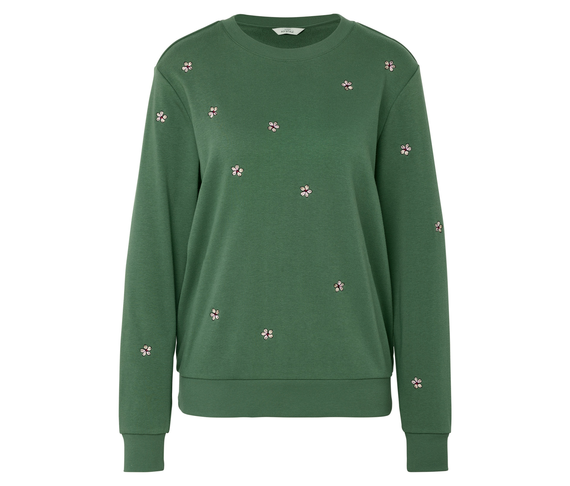 Besticktes Sweatshirt - Damen - Gr. S - dunkelgrün/geblümt - dunkelgrün