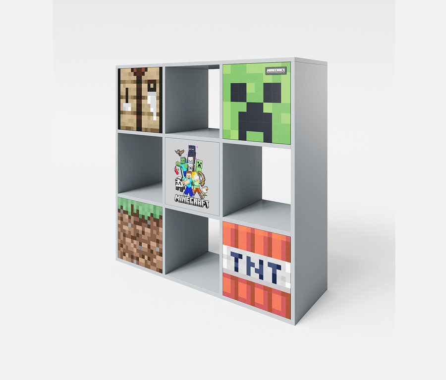 Graues roba Minecraft Regal mit neun Fächern und Motiven aus dem Videospiel Minecraft.