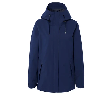 Blaue Jacke mit Kapuze.
