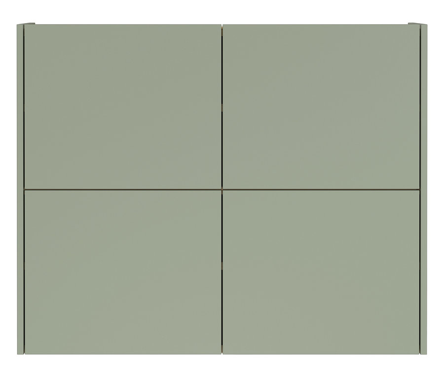 Ansicht von vier geschlossenen, nebeneinander liegenden, hellgrünen Schranktüren.