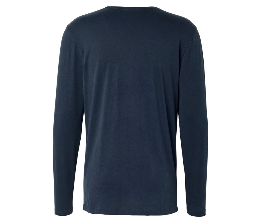 Rückansicht eines dunkelblauen, langärmligen T-Shirts.