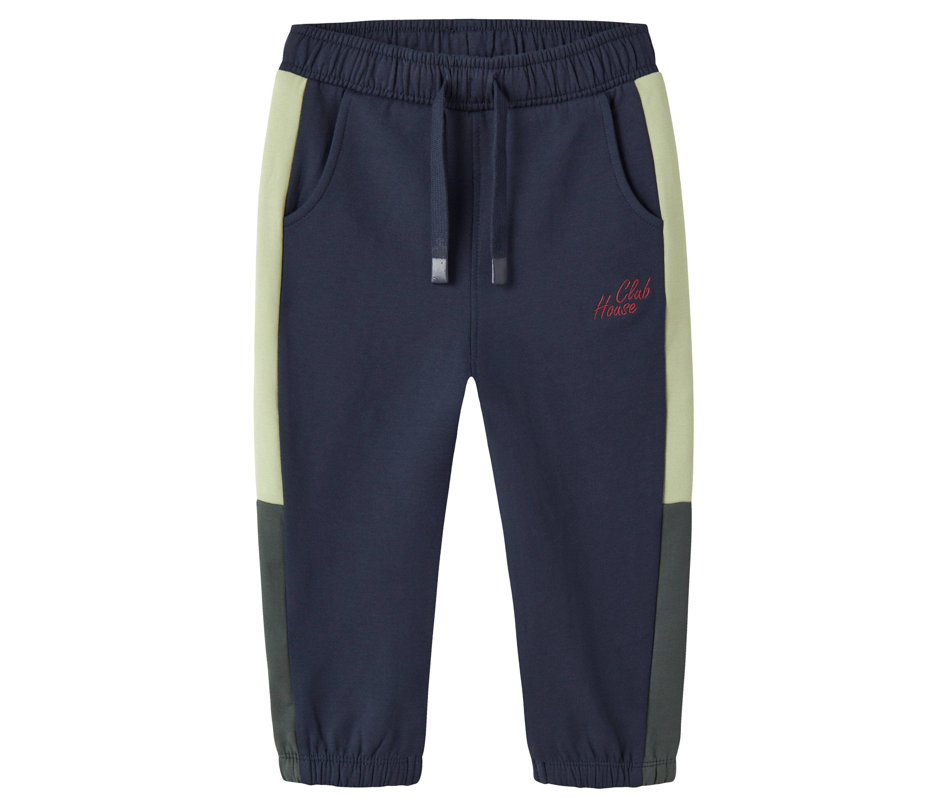 Die marineblaue NAME IT Sweathose mit Colorblock-Design liegt vor einem weißen Hintergrund.