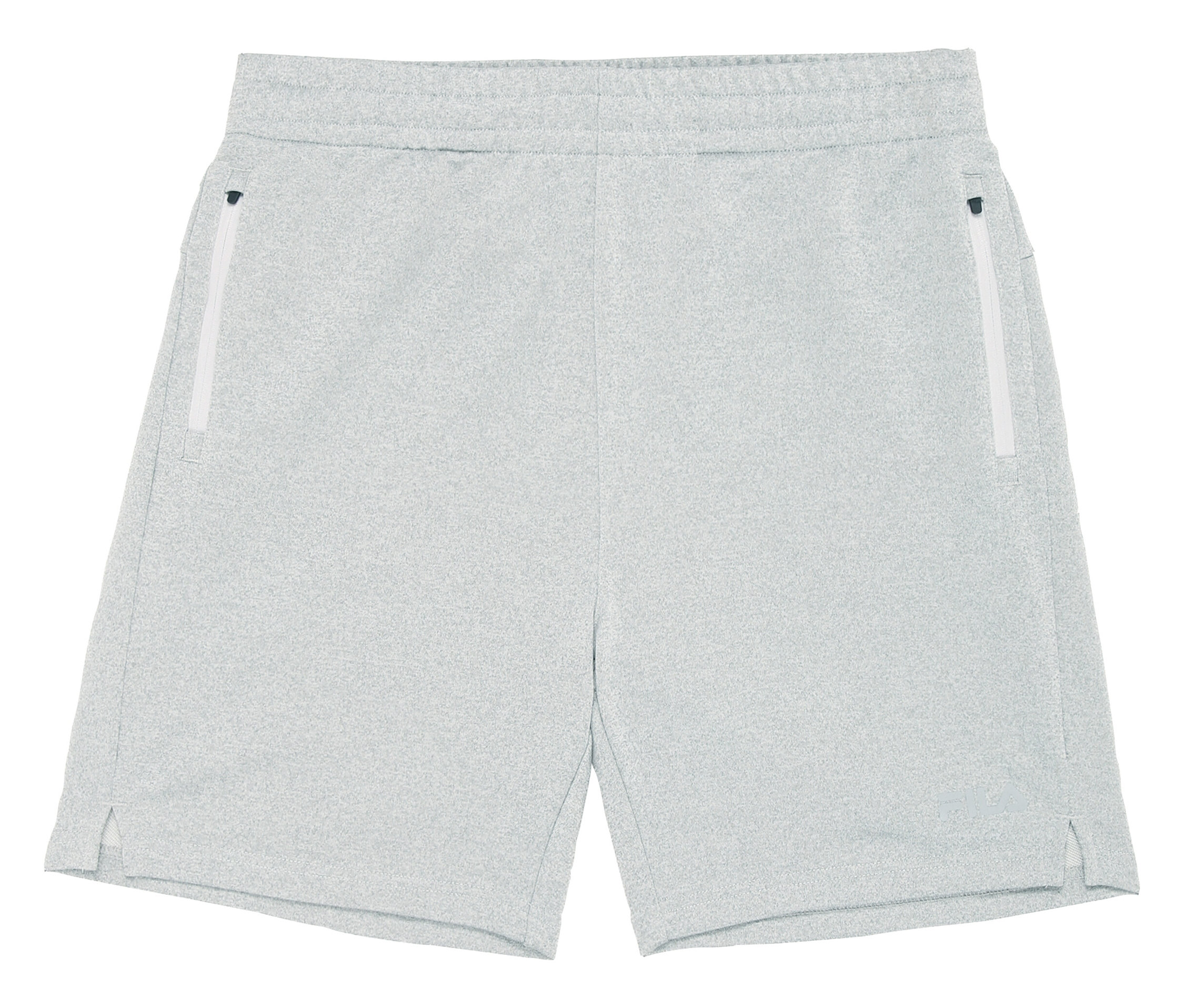 Graue FILA Herren-Funktions-Sweatshorts mit weißen Reißverschlüssen an den Taschen.