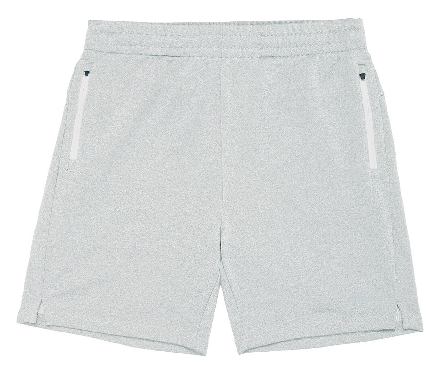Graue FILA Herren-Funktions-Sweatshorts mit weißen Reißverschlüssen an den Taschen.