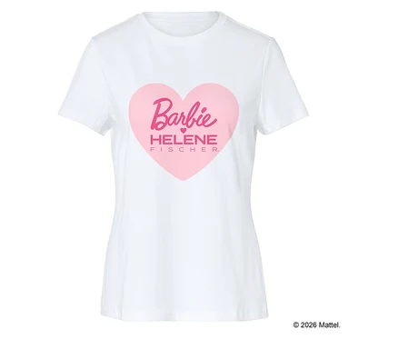 Weißes T-Shirt mit einem rosa Herzaufdruck mit dem Barbie-Logo und dem Namen Helene Fischer.