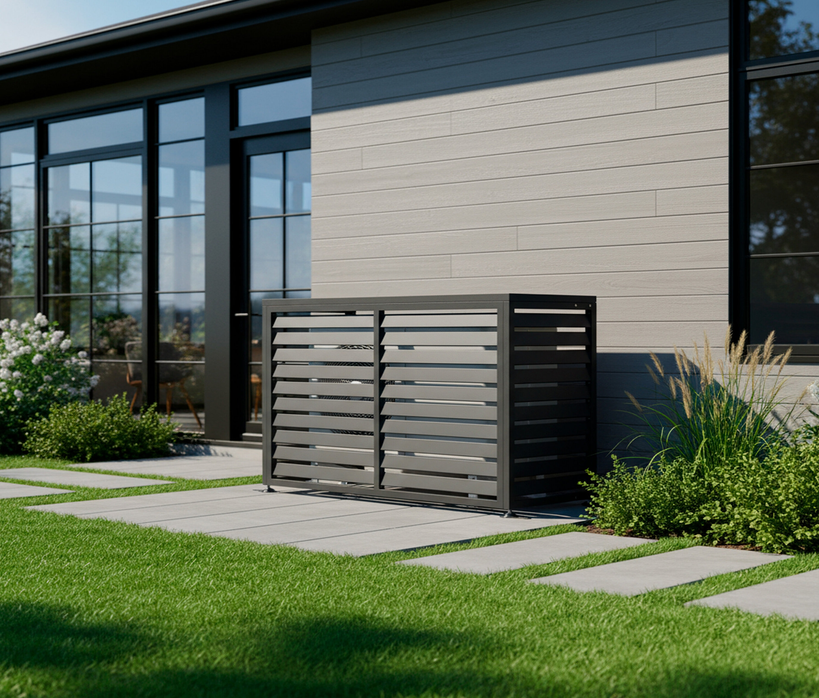 Eine graue Klimaanlagenabdeckung steht auf einem gepflasterten Weg neben einem Haus.