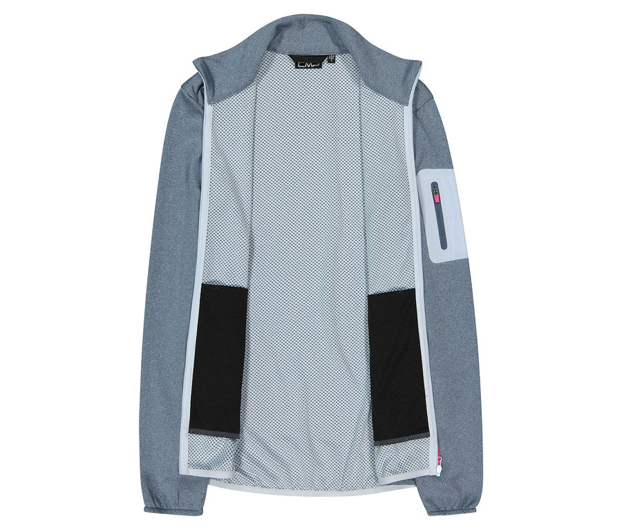Geöffnete, hellgraue CMP-Jacke mit durchgehendem Reißverschluss und Netzfutter.