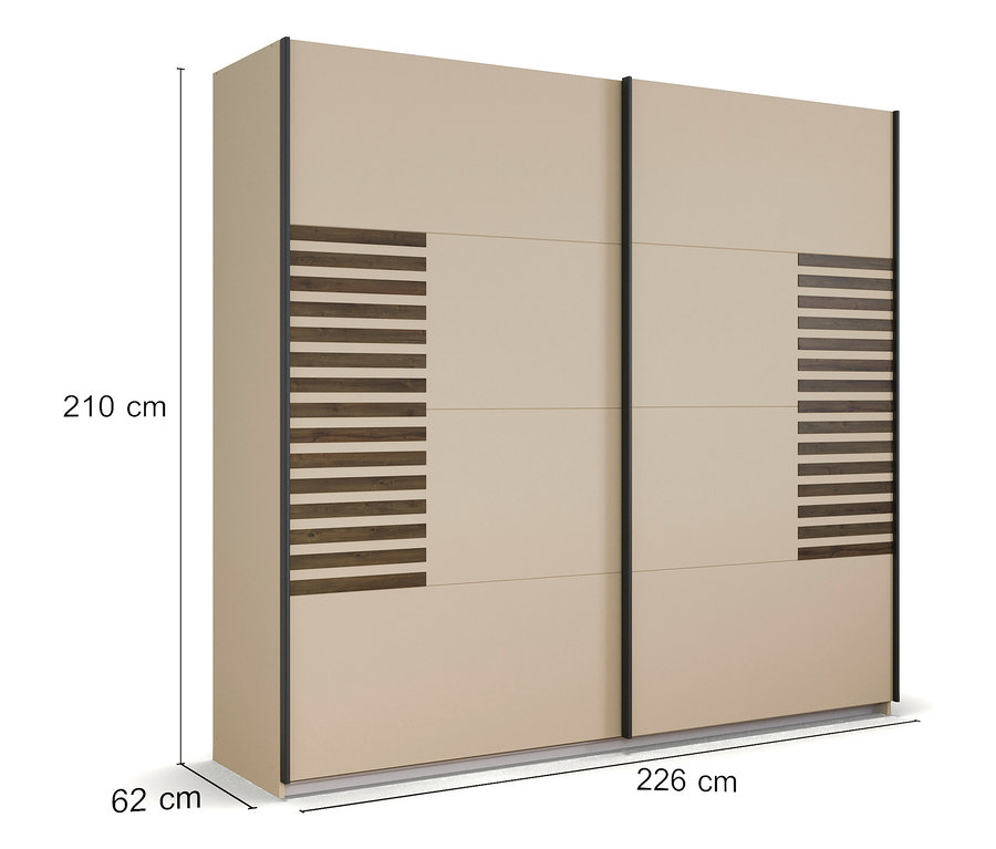 Beiger Kleiderschrank mit Schiebetüren und braunen horizontalen Streifen an den Seiten. Die Maße sind 210 cm hoch, 226 cm breit und 62 cm tief.