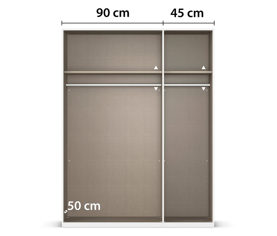 Draufsicht eines Kleiderschranks mit den Maßen 90 cm, 45 cm und 50 cm.