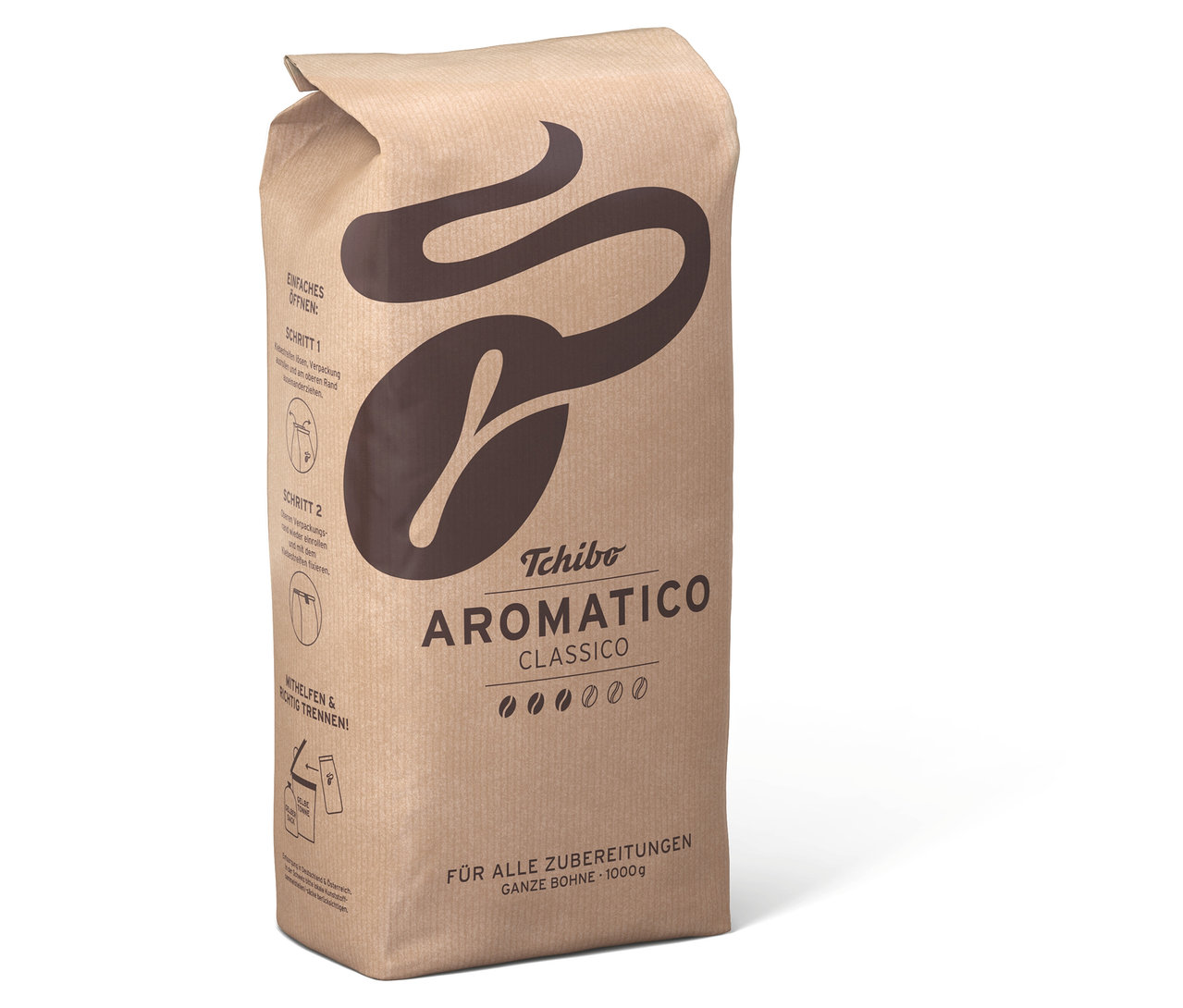Eine Packung Aromatico Classico - 1 kg Ganze Bohne Kaffeebohnen steht auf einer weißen Oberfläche.