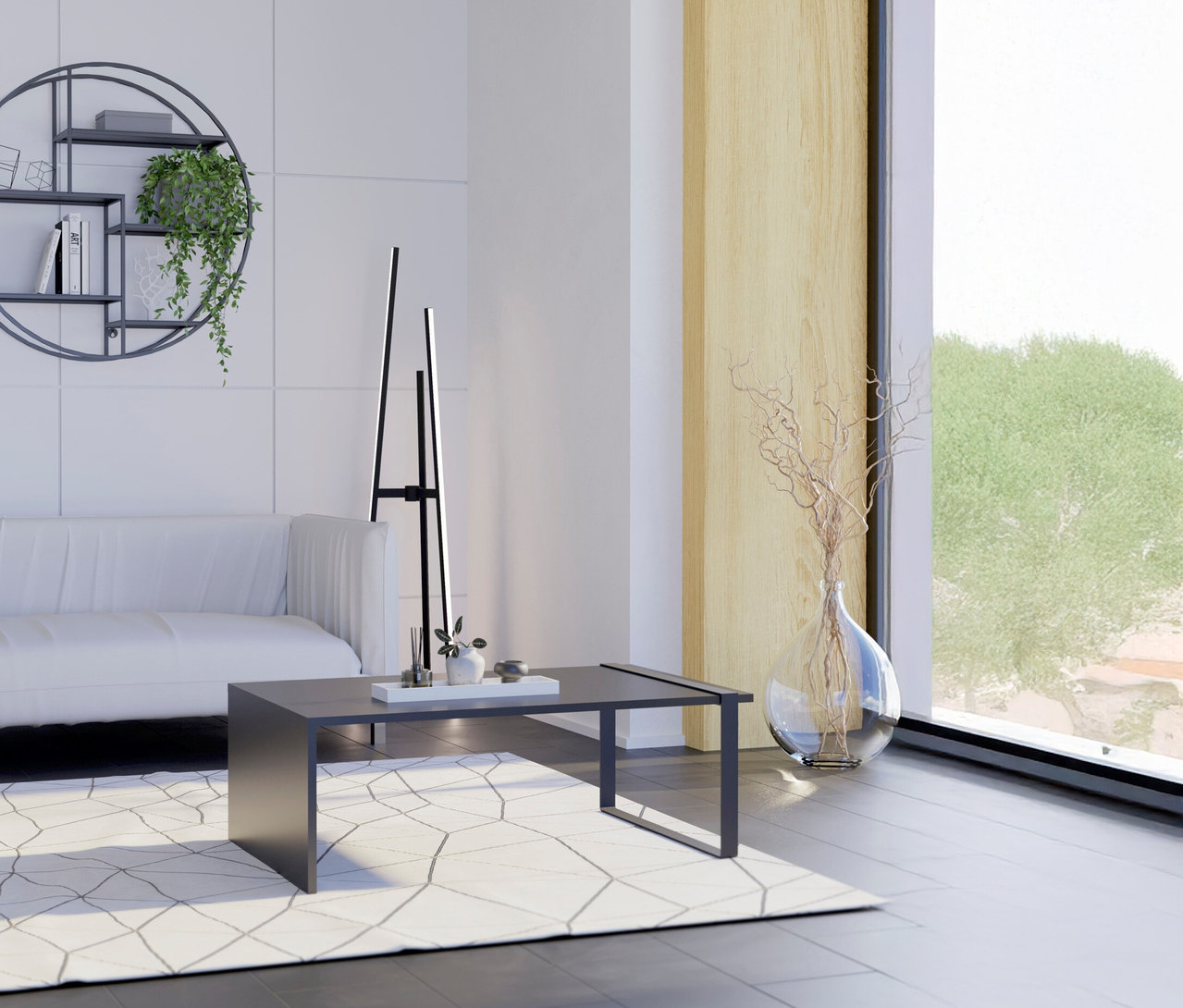 Wohnzimmer mit weißem Sofa, rundem Regal mit Pflanze und Eglo Couchtisch »MAASIM«.