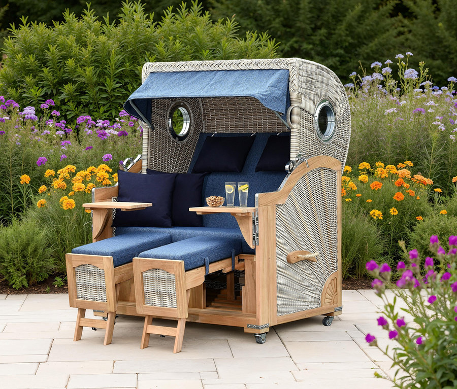 Ein Strandkorb mit blauem Bezug steht im Garten.