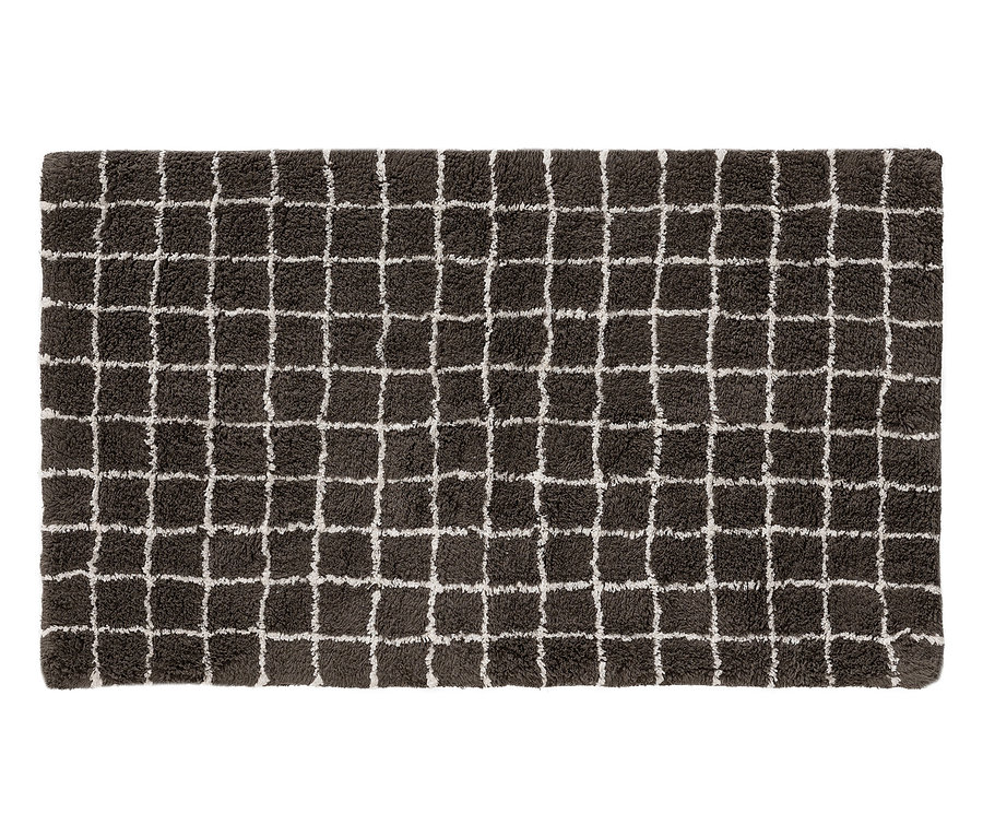 Ein rechteckiger, dunkelgrauer Teppich mit einem weißen Gittermuster.