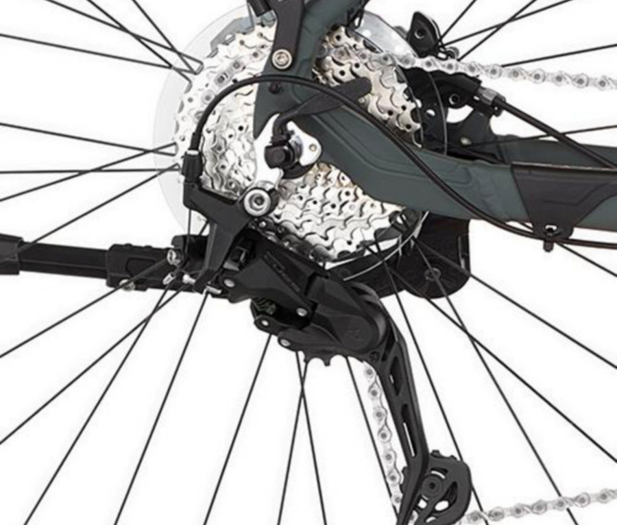 Nahaufnahme vom Hinterrad eines FISCHER ATB E-Bike TERRA 6.8i ULTIMATE, 55 cm, mit Fokus auf die Gangschaltung und Kette.