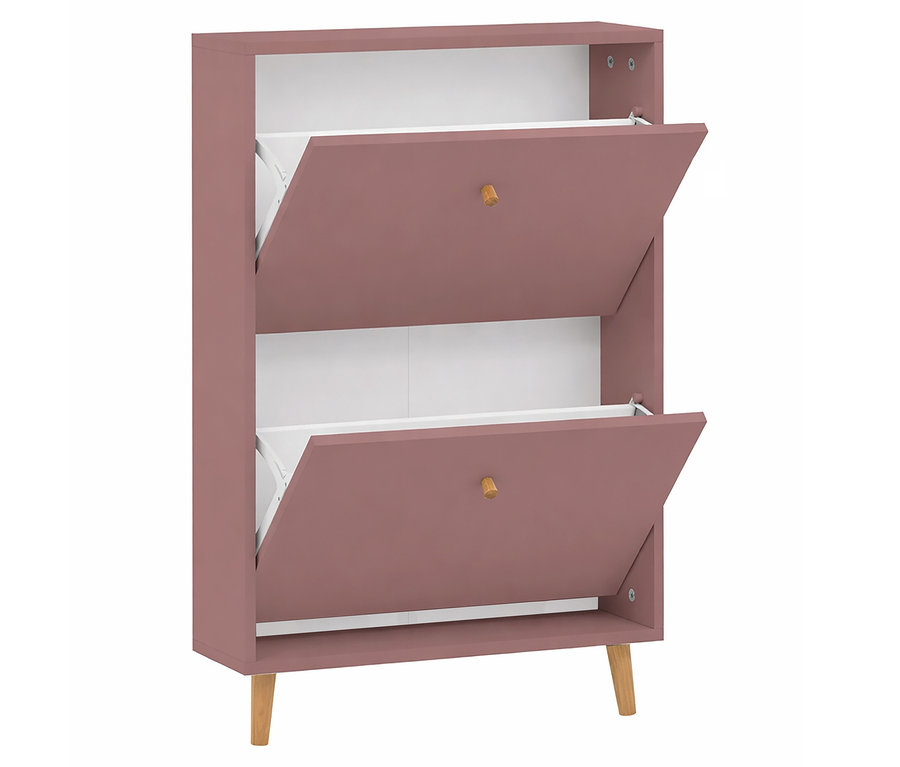 Rosa Schuhschrank mit zwei offenen Fächern und Holzgriffen.