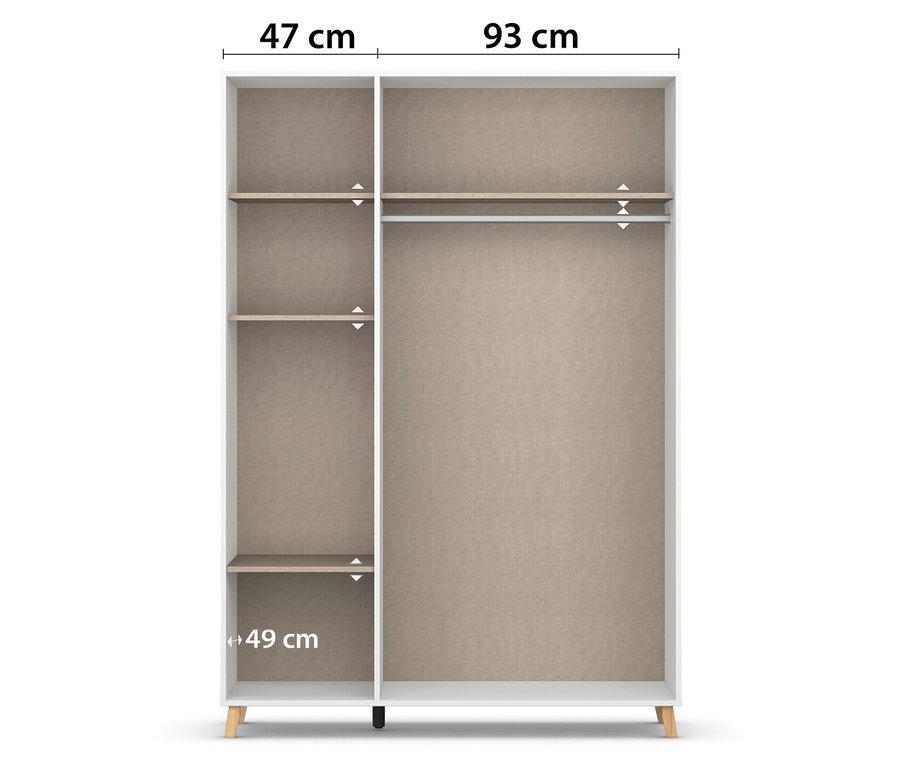 Weißer Schrank mit Fachböden links und Kleiderstange rechts, Maße 47 cm und 93 cm breit, 49 cm hoch.