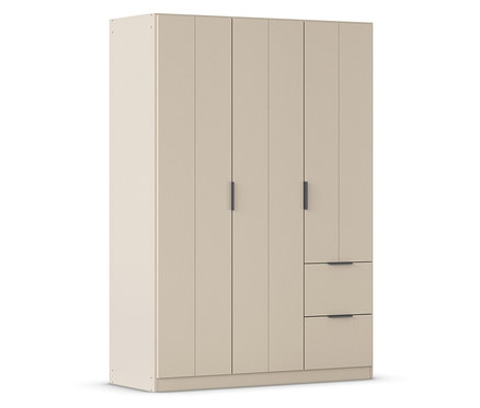 Beiger Kleiderschrank mit vier Türen und zwei Schubladen mit dunklen Griffen.